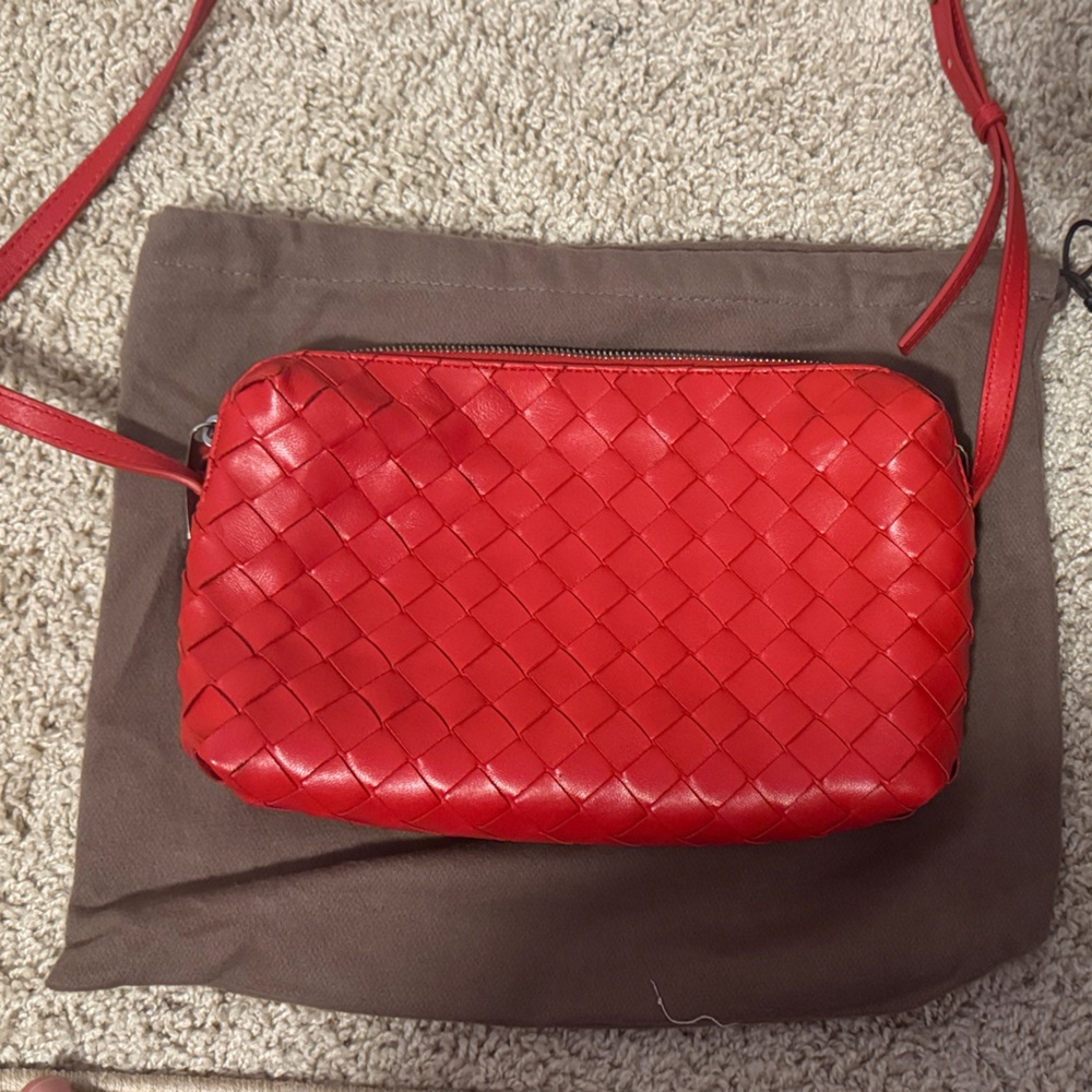 Authentic Bottega Veneta Red Woven Leather Crossbody Bag